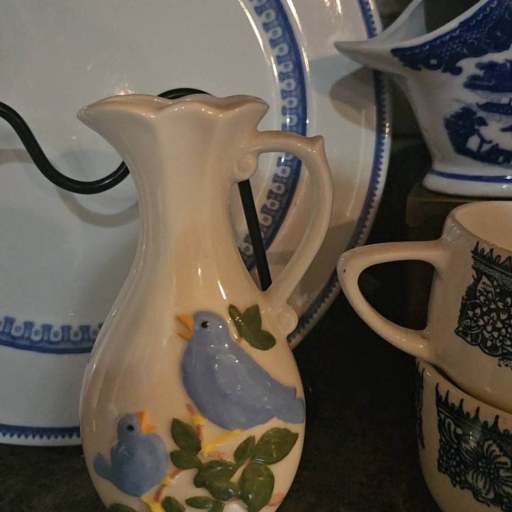Cream Ceramic Pitcher with Blue Bird Motif